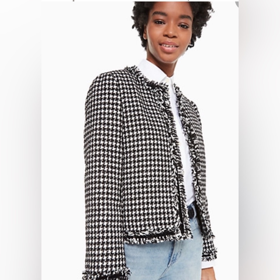 Kate Spade Houndstooth Tweed Jacket Size 10 Black White Herringbone